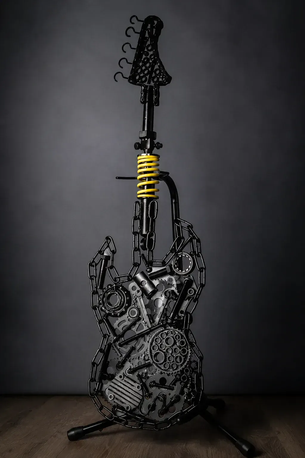 Dark Frequency — zwarte gitaarsculptuur met gele veer